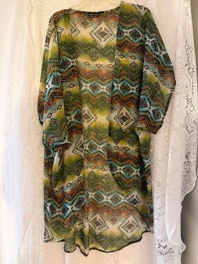 Wet Seal Geometric Print Duster - Green Aqua Brown